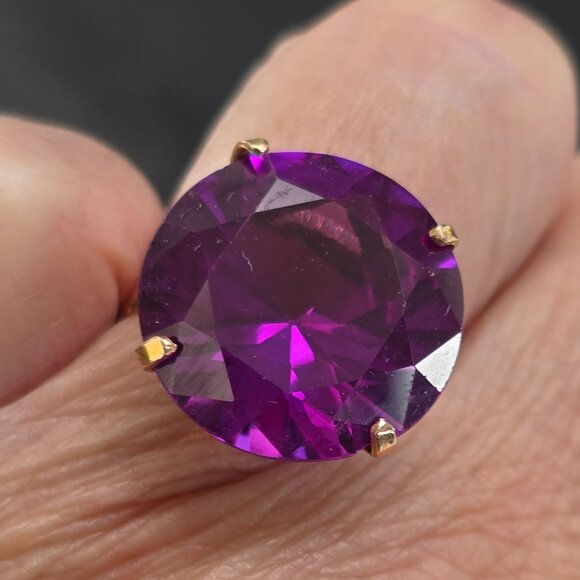 14K Gold Amethyst Solitaire Ring Large Round Gemstone Estate Size 7 HS136 - Picture 8 of 14